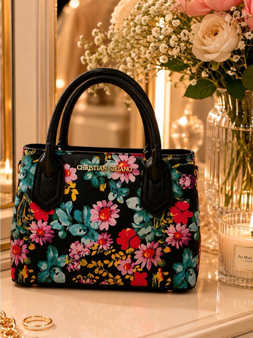 Christian Siriano Black Floral Tote with Pink & Teal Blooms